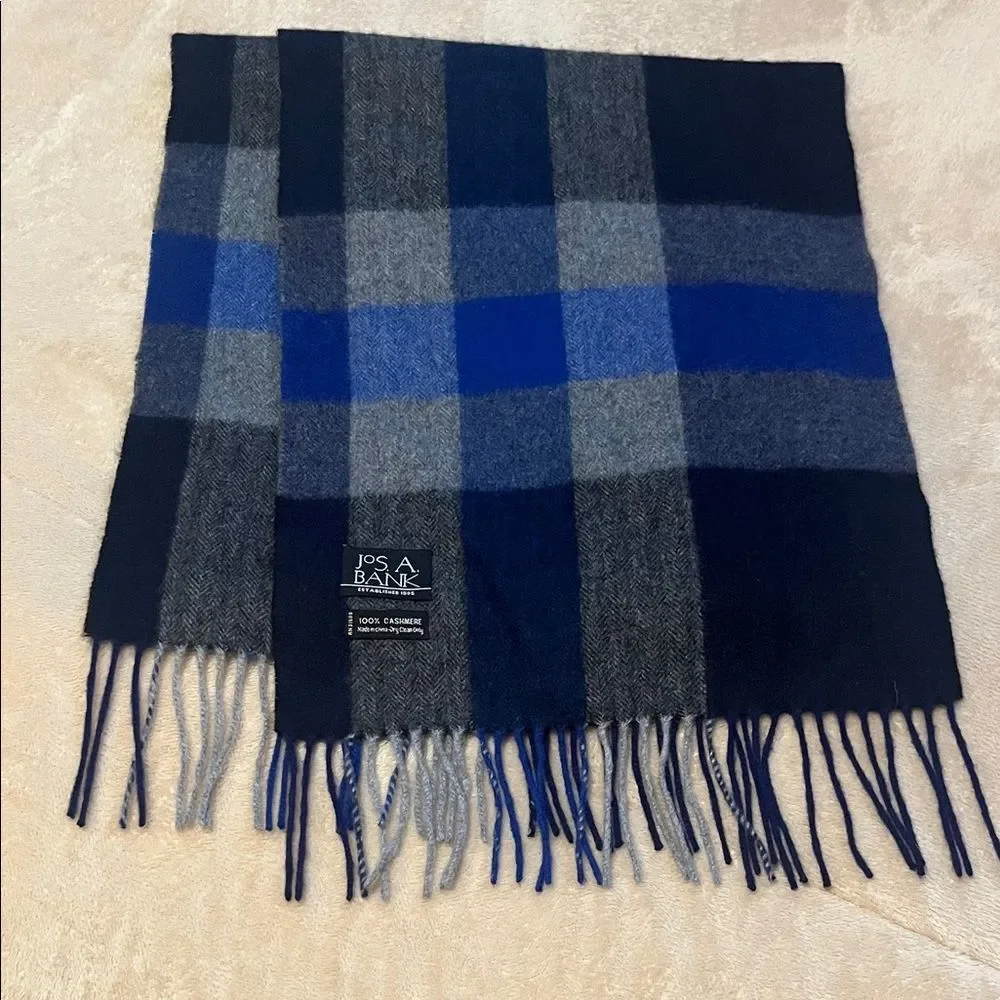 Jos. A. Bank 100% Cashmere Scarf Navy Blue Plaid Unisex 66